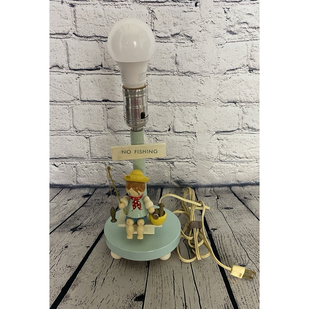 Vintage 1960s Table Lamp, "No Fishing" Lake House Decor, Nursery, With Shade